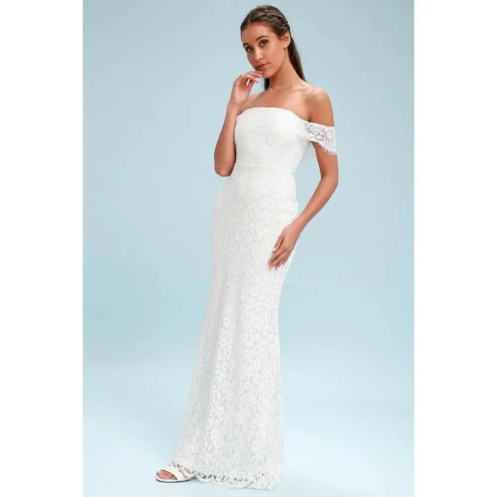 Lulu’s‎ Romantic Heart White Lace Off-the-Shoulder Maxi Dress